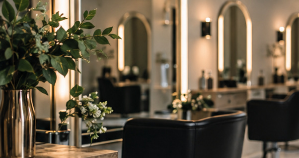 Illustrative salon interior with arched lit mirrors and dark chairs