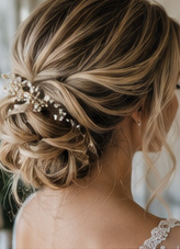 Illustrative loosely pinned hairstyle with a decorative hairpiece